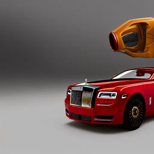 Prompt: 3 d octane render, super detailed, ray tracing, high quality, super realistic, futuristic red black and gold rolls royce. front view. aspect ratio 1 6 : 9