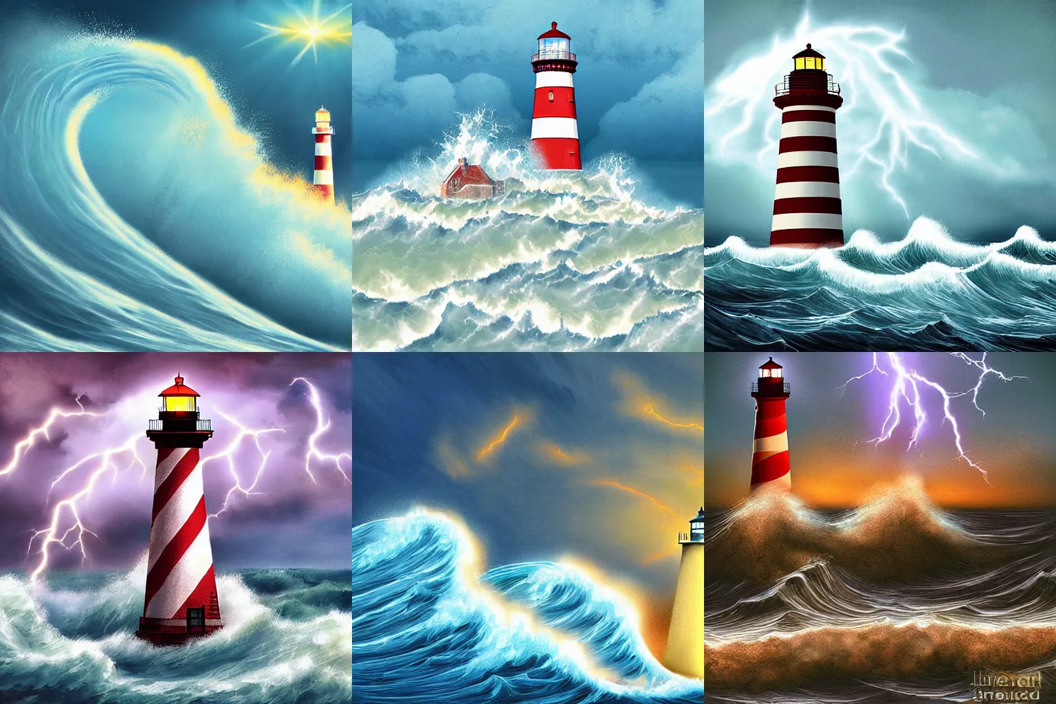 Prompt: a lighthouse being struck by an ocean wave but the wave is made of hamsters, dramatic lightning digital art