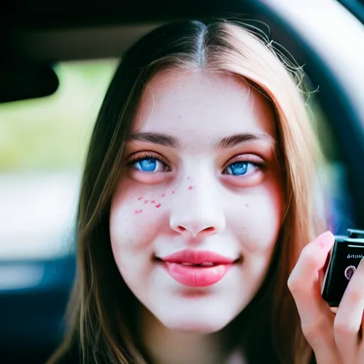 Image similar to a beautiful cute young woman takes a photo of herself, sitting in her car, flushed face, red blush, light freckles, big puffy lips, smiling softly, soft features, 8 k, sharp focus, instagram, portra 4 0 0