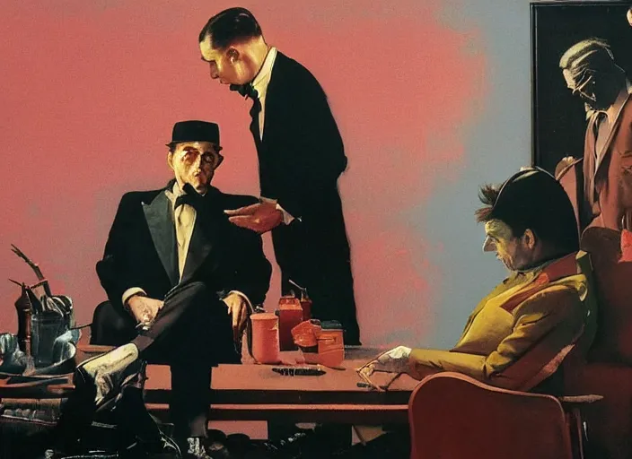Image similar to a still from the movie godfather by of francis bacon and norman rockwell and james jean, a still from the movie antman and the wasp, mark brooks, triadic color scheme, by greg rutkowski, syd mead and edward hopper and norman rockwell and beksinski, dark surrealism, orange and turquoise ans purple