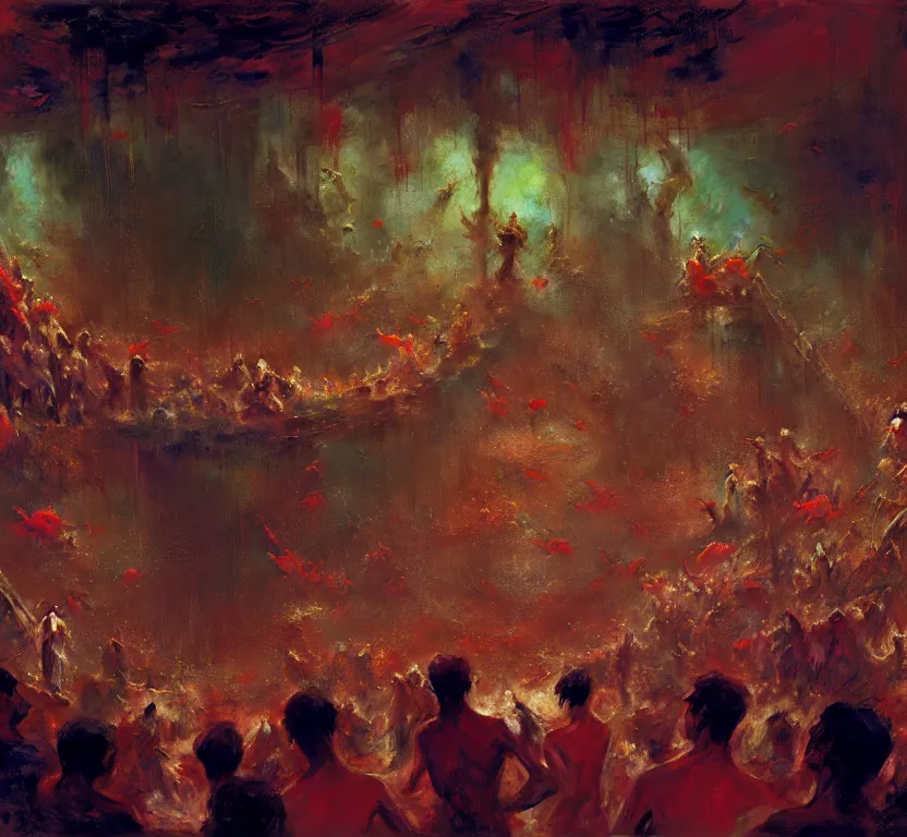 Prompt: ultra wide, a symphony orchestra inside middle of dark slimy water slide tube, the walls are made of red meat, the floor is flooded, by craig mullins, ilya repin