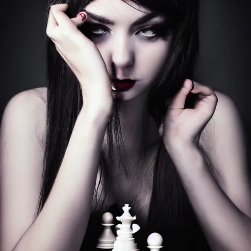 Image similar to young seductive beautiful emo girl with a chess piece in her hands. highly detailed photography of a famous actress