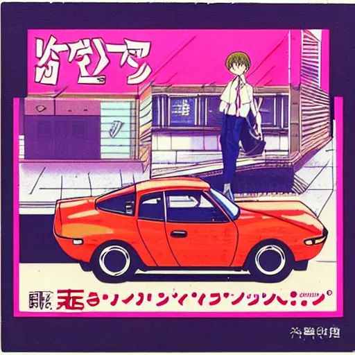 Image similar to album - cover of a 1 9 8 0 s japanese city - pop record featuring an anime illustration by akira toriyama. cute stylish woman ; sports car ; neon ; urban summer drive.