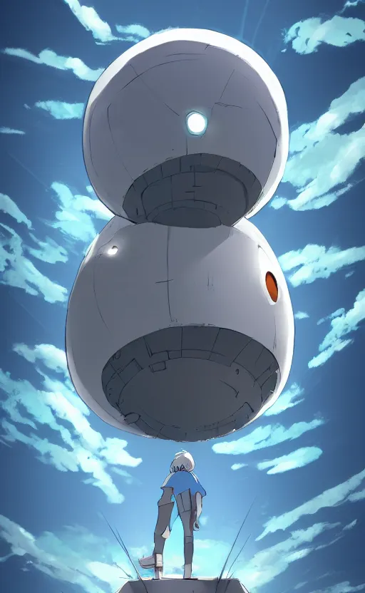 Image similar to an asymmetrical cell - shaded studio ghibli concept art study of a huge silver cube ufo in the sky. an elegant alien is on the ground. very dull colors,, hd, 4 k, hq