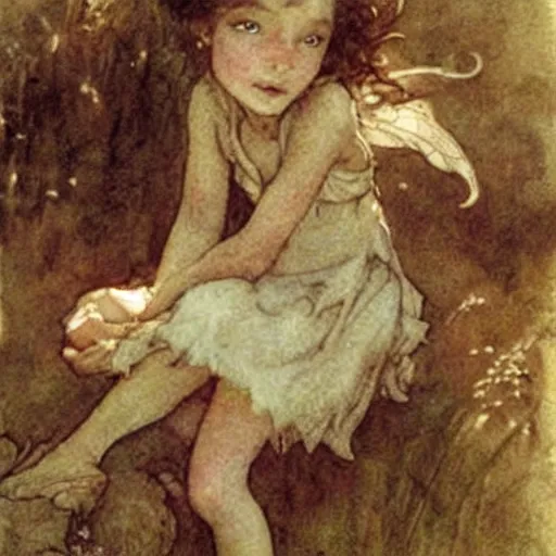 Prompt: a cute little girl fairy with a mischievous face and short brown wavy curly hair. well composed, clean elegant painting, beautiful detailed face. art by arthur rackham and greg rutkowski