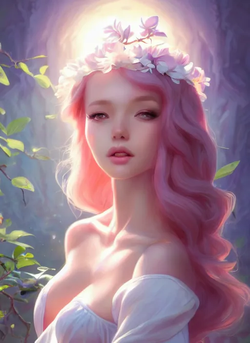 Image similar to character concept art of a goddess of magnolias as angelic young female | | seductive - fine - face, pretty face, key visual, realistic shaded perfect face, fine details by stanley artgerm lau, wlop, rossdraws, james jean, andrei riabovitchev, marc simonetti, and sakimichan, trending on artstation