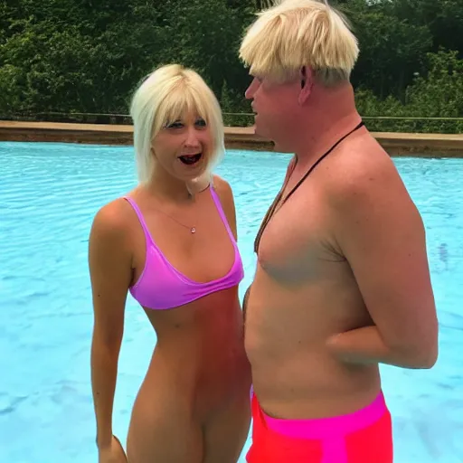 Image similar to Boris Johnson in the love island pool neon flirting with girl