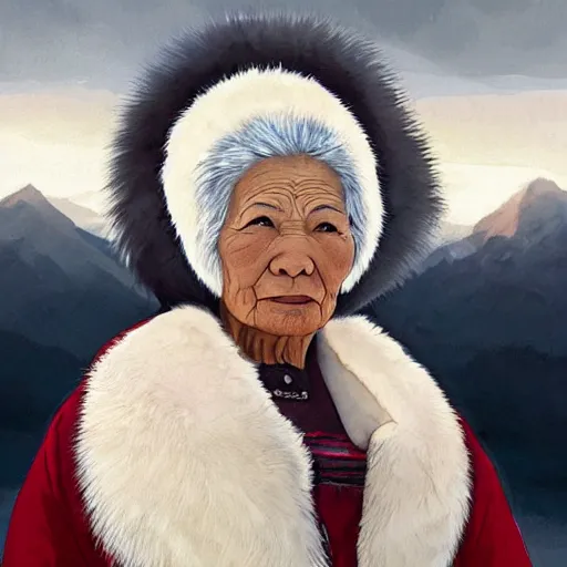 Image similar to A beautiful print of a stern looking elderly Inuit woman with short white hair and dark skin. She is wearing a traditional Inuit parka with fur trim and is holding a small carving in her hand. Her expression is one of strength and wisdom. Howl’s Moving Castle by Diego Dayer, by Dain Yoon, by Peter Andrew Jones frightful