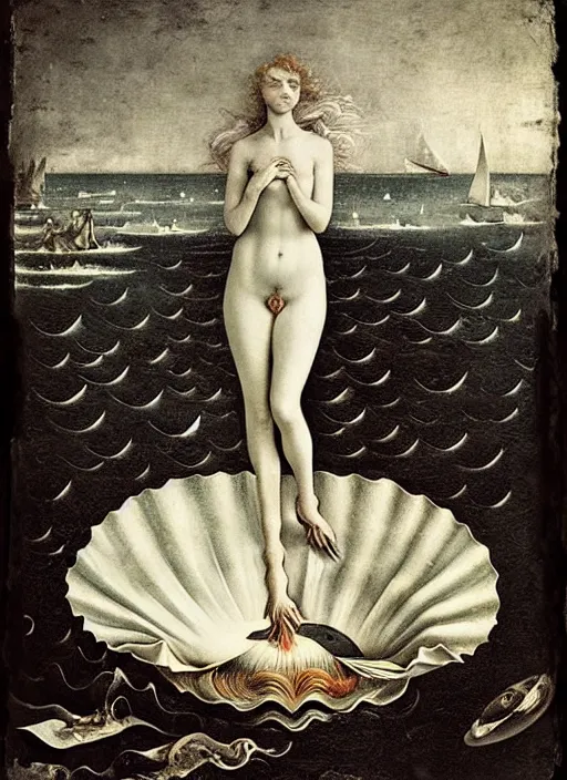 Image similar to old wetplate birth of venus, fractal, intricate, elegant, highly detailed, parallax, leica, medium format, subsurface scattering, by jheronimus bosch and greg rutkowski and louis jacques mande daguerre