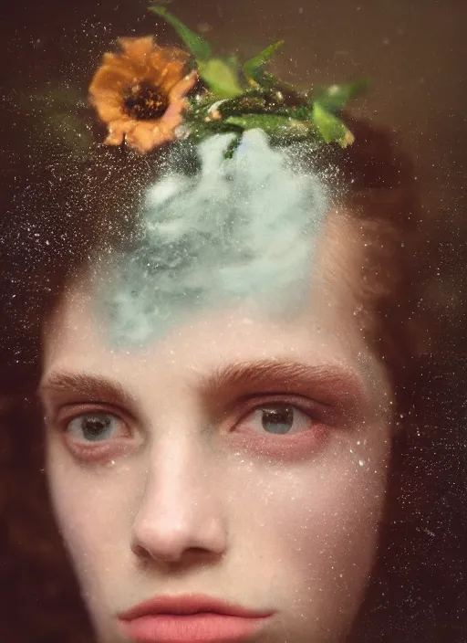 Image similar to Kodak Portra 400, 8K,ARTSTATION, Caroline Gariba, soft light, volumetric lighting, highly detailed, britt marling style 3/4 , extreme Close-up portrait photography of a Dorian Electra hiding in flowers how pre-Raphaelites with his eyes closed,inspired by Ophelia paint, his face is under water Pamukkale, raining, crying face above water in soapy bath tub, hair are intricate with highly detailed realistic , Realistic, Refined, Highly Detailed, interstellar outdoor soft pastel lighting colors scheme, outdoor fine photography, Hyper realistic, photo realistic