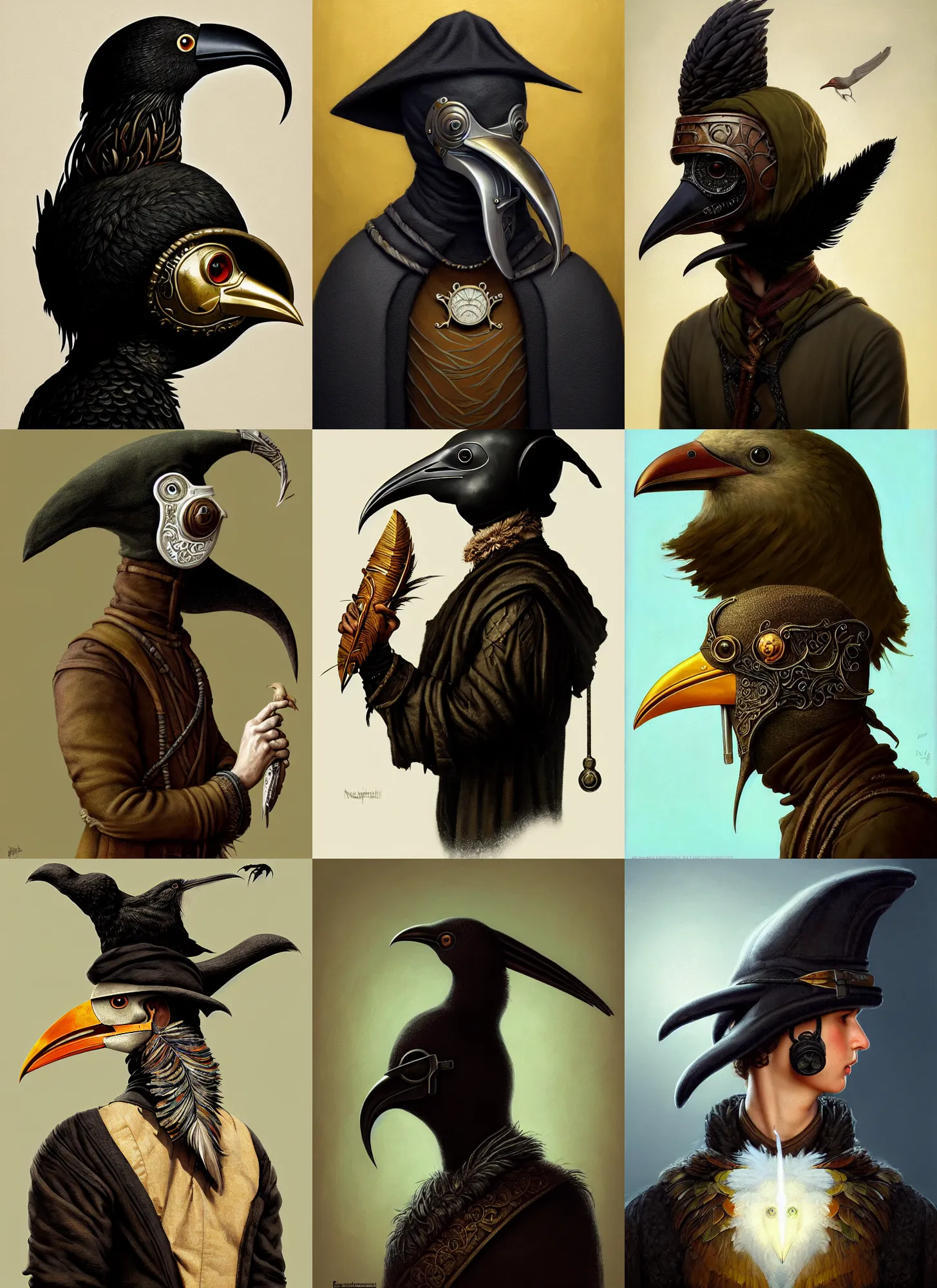 Prompt: rpg! profile! portrait of humanoid bird on white background, beak, feathers, plague doctor, beautiful clothes, intricate, highly detailed, digital painting, artstation, concept art, smooth, sharp focus, illustration, art by norman rockwell emiliano ponzi andrey remnev yoann lossel aaron jasinski, 8 k