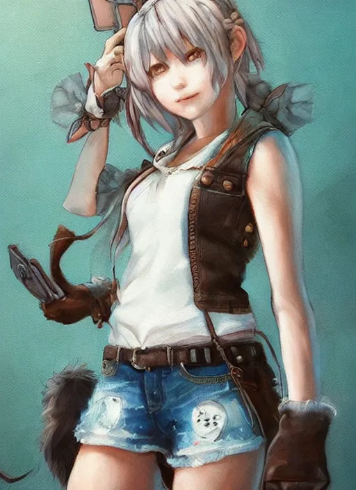 Image similar to a portrait of catgirl wearing white vest, and denim shorts an ultrafine detailed painting, detailed painting, detailed eyes!!, final fantasy, octopath traveler