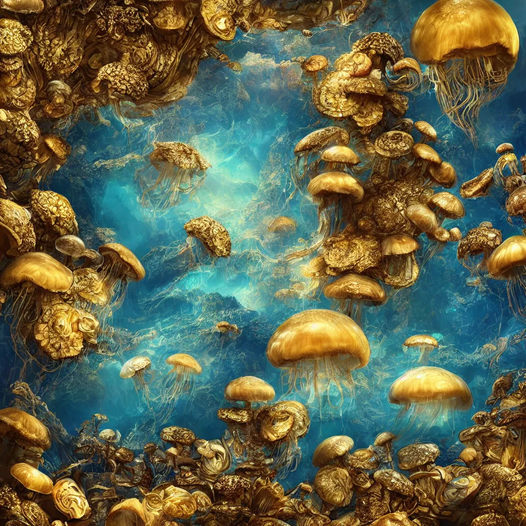 Prompt: mandelbulb gold rising from oceans, high detailed, island, jellyfish environment art, artstation, mushrooms, toad