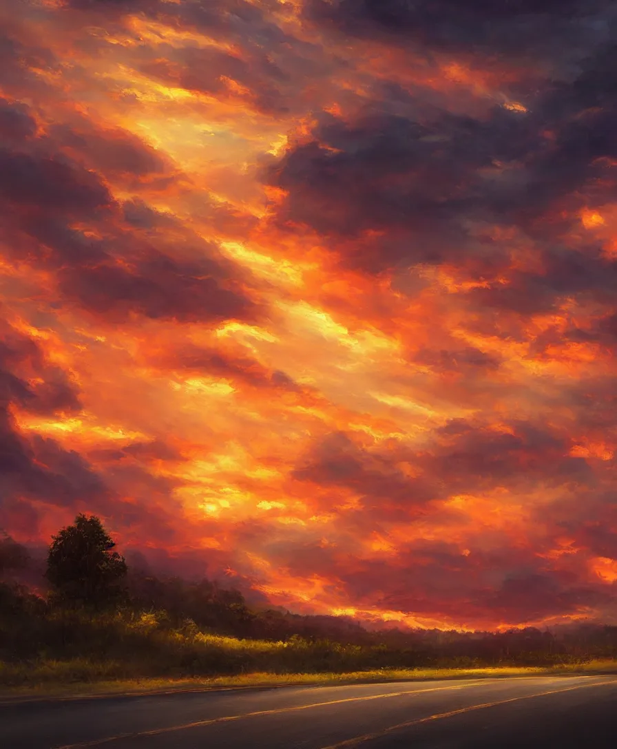 Prompt: Road sunset oil painting beautiful artstation realistic 4k 8k clouds breathtaking concept art matte painting