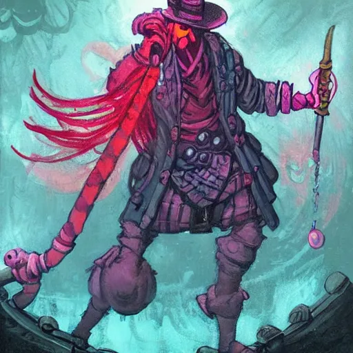 Prompt: A Flamingo-person alchemist is exploring the grimdarkest dungeon depths. trending on Pixiv. trending on ArtStation. A vibrant painting. A highly detailed fantasy character illustration by Wayne Reynolds and Charles Monet and Gustave Dore and Carl Critchlow