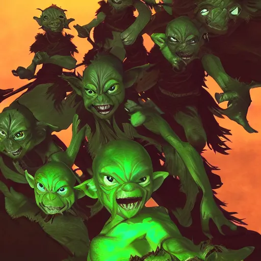 Prompt: a pack of green goblins doing the dance of pain, a fantasy art, hd, trending on artstation, by rhands, makoto shinkai, ilya kuvshinov