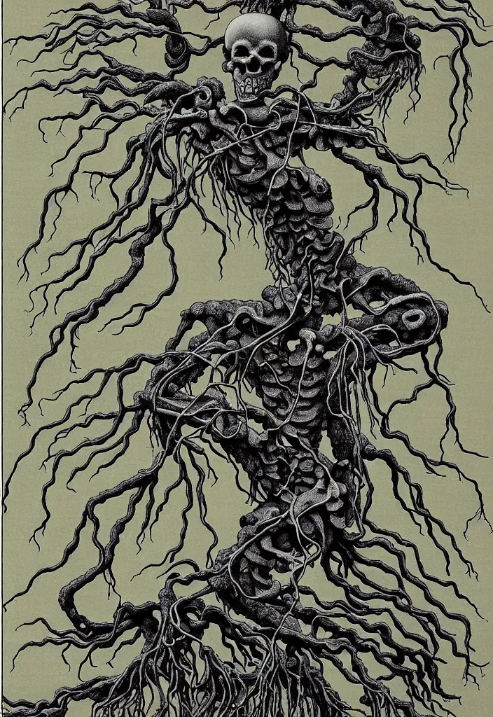Prompt: prompt: anatomy dissection drawing skeleton Bonsai tree squid creature roots merging into big moon drawn by Takato Yamamoto, bonsai skeleton anatomy atlas, veins and organs attached to tree roots, alchemical objects inspired by 1980's sci-ci, intricate oil painting detail, manga 1980