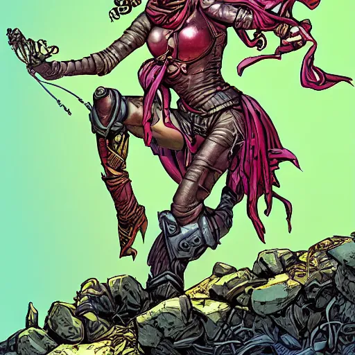 Prompt: precisely drawn illustration of Ying Nan blended with Alyson Hannigan, wide angle, sharp, fine details, French comic style, vibrant realistic colors, full color, heroic fantasy, intense line art, 8k, precise linework, realistic, in the style of Heavy Metal Comics and Richard Corben and Moebius