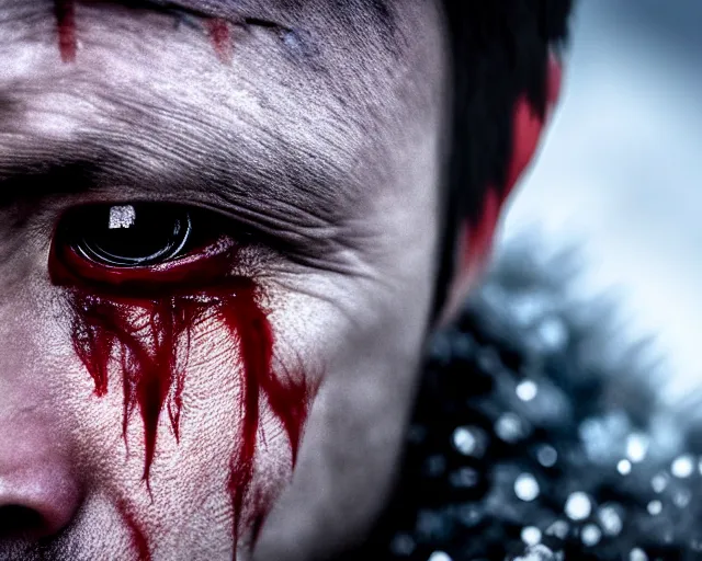 Image similar to extreme close - up eyes crying tears made of ice justin sun as night king in game of thrones, stunning tears made of ice, crimson - black bee army behind, 4 k, epic, cinematic, focus, movie still, fantasy, extreme detail, atmospheric, dark colour, sharp focus