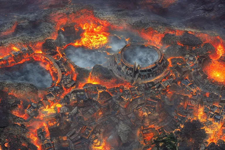 Prompt: dwarvish brass city in the active volcanic crater, shiny brass city supported by giant brass bridges, fantasy setting, steamy molten environment, very detailed, 4 k