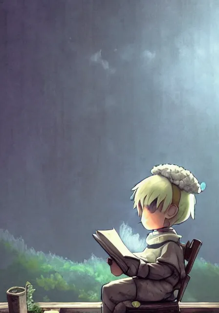 Image similar to beautiful little boy wearing sheep suit reading a book while sitting on chair, gray, blue, green and brown pallet color. made in abyss art style, inspired in kris from deltarrune, cute detailed artwork, anatomically correct, soft details, ilya kuvshinov, reflection, perfect composition, mobile wallpaper, illumination