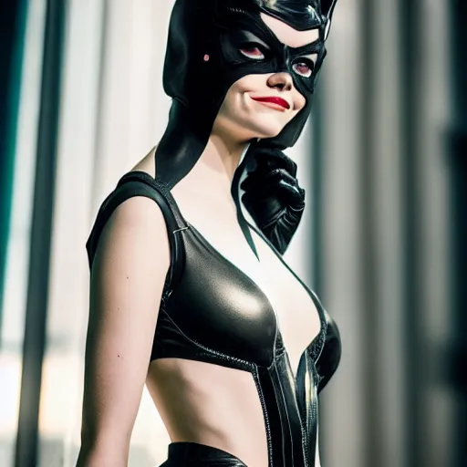 Image similar to Emma Stone as Catwoman, promo material, XF IQ4, 150MP, 50mm, F1.4, ISO 200, 1/160s, natural light, Adobe Photoshop, Adobe Lightroom, Photolab, Affinity Photo, PhotoDirector 365