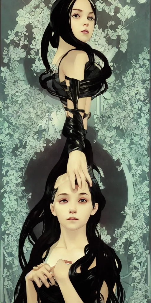 Image similar to character poster of young girl with straight long black hair wearing black dress sitting in bath, poster by capcom art team collaborating with artgem, greg rutkowski and alphonse mucha