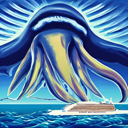 Image similar to A giant squid destroying a cruise ship in the middle of the ocean, digital art