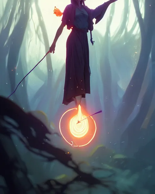 Image similar to highly detailed vfx portrait of a mage casting a light spell, unreal engine, greg rutkowski, loish, rhads, beeple, makoto shinkai and lois van baarle, ilya kuvshinov, rossdraws, tom bagshaw, alphonse mucha, global illumination, detailed and intricate environment