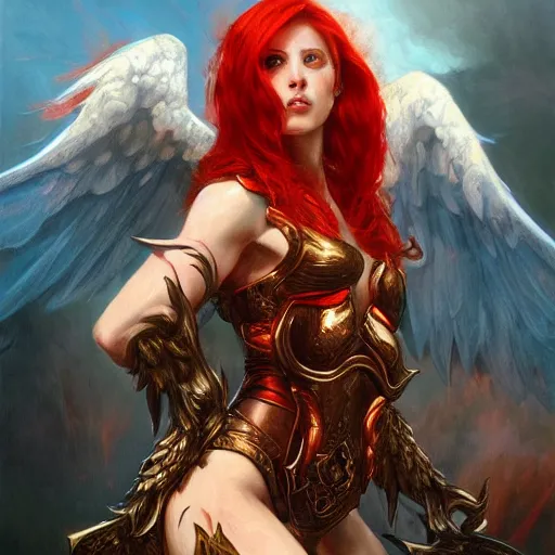 Prompt: red haired female paladin with wings, fiery justice, fine art, 8 k, artstation, by karol bak