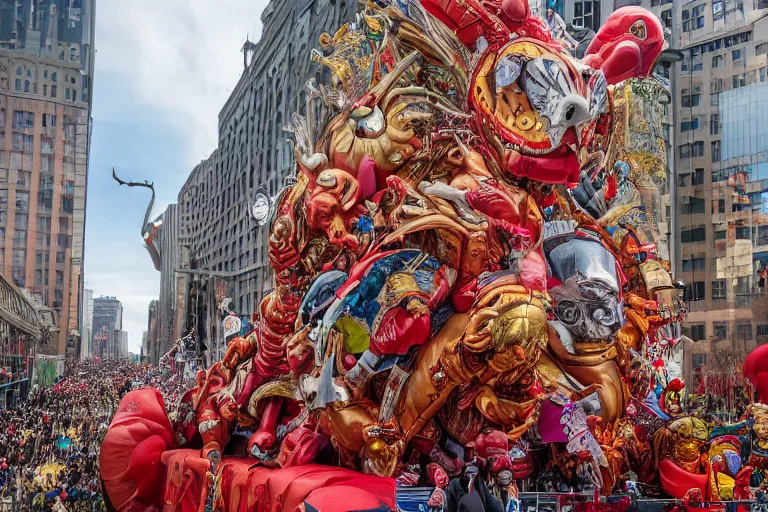 Image similar to photo of giant elaborate parade float designed by geoff darrow!!!! and ( ( ( ( ( ( hr giger ) ) ) ) ) ), in the macys parade, detailed 4 k photo