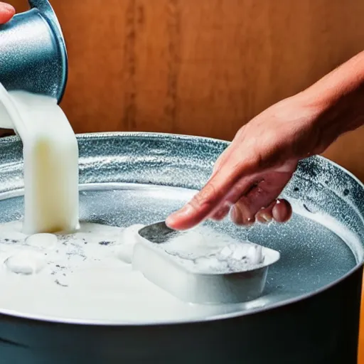 Image similar to an aluminum can being poured out out, pouring white liquid, pouring milk. advertisement, canned milk