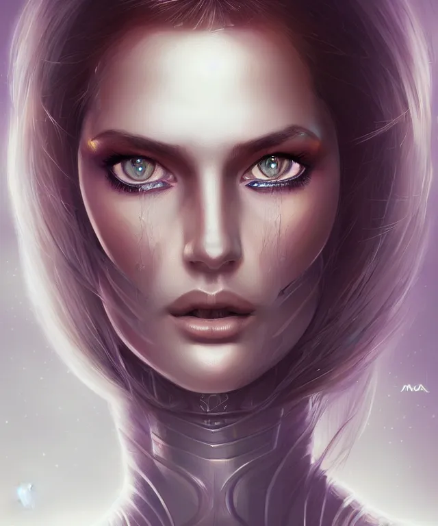 Image similar to futuristic woman portrait, sci - fi, amber eyes, face, long hair, fantasy, intricate, elegant, highly detailed, digital painting, artstation, concept art, smooth, sharp focus, illustration, art by marta dahlig