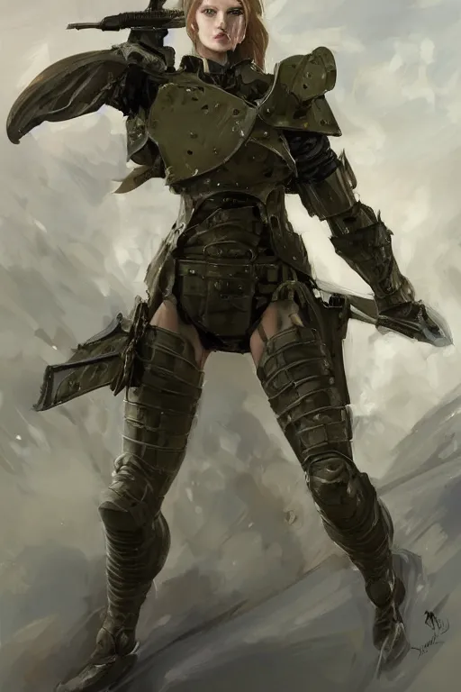 Prompt: a professionally painted portrait of an attractive young woman clothed in military-style battle armor, olive skin, long dark hair, beautiful bone structure, symmetrical facial features, intricate, elegant, heroic, digital painting, concept art, smooth, sharp focus, illustration, finely detailed, from Metal Gear by Ruan Jia and Mandy Jurgens and Artgerm and William-Adolphe Bouguerea, award winning, trending on Artstation