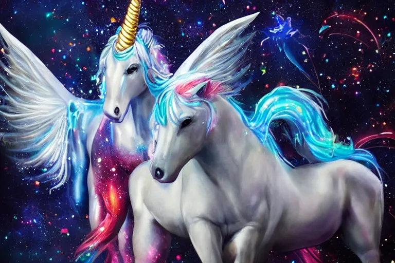 Prompt: cheesy unicorn impales man on bloody horn, airbrush, sparkles, dynamic lighting