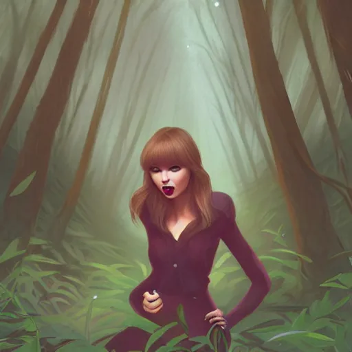 Image similar to trail cam footage of taylor swift in the forest at night, art by lois van baarle and loish and ross tran and rossdraws and sam yang and samdoesarts and artgerm and saruei and disney, digital art, highly detailed, intricate, sharp focus, trending on artstation hq, deviantart, unreal engine 5, 4 k uhd image