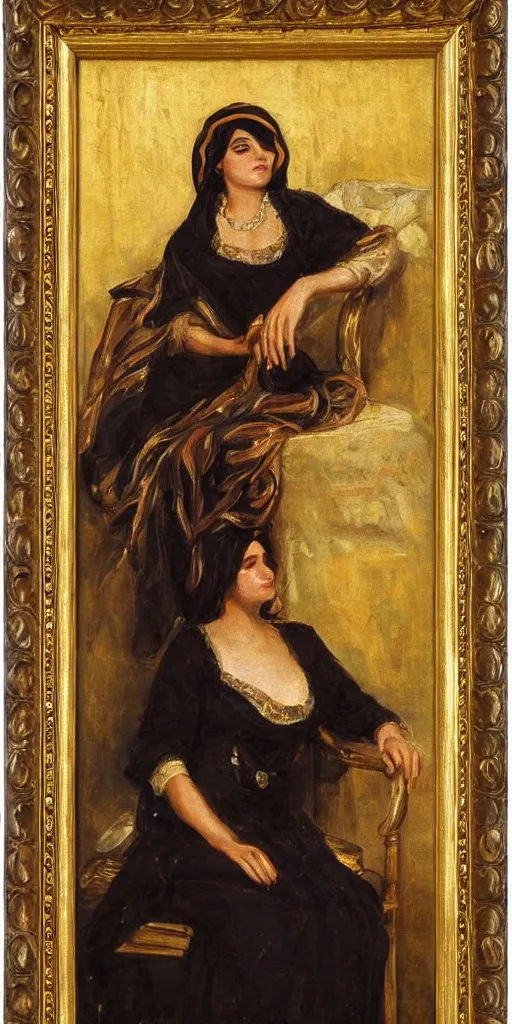 Image similar to romantic period style highly atmospheric oil painting of a middle eastern woman lounging on a chair, wearing a golden veil