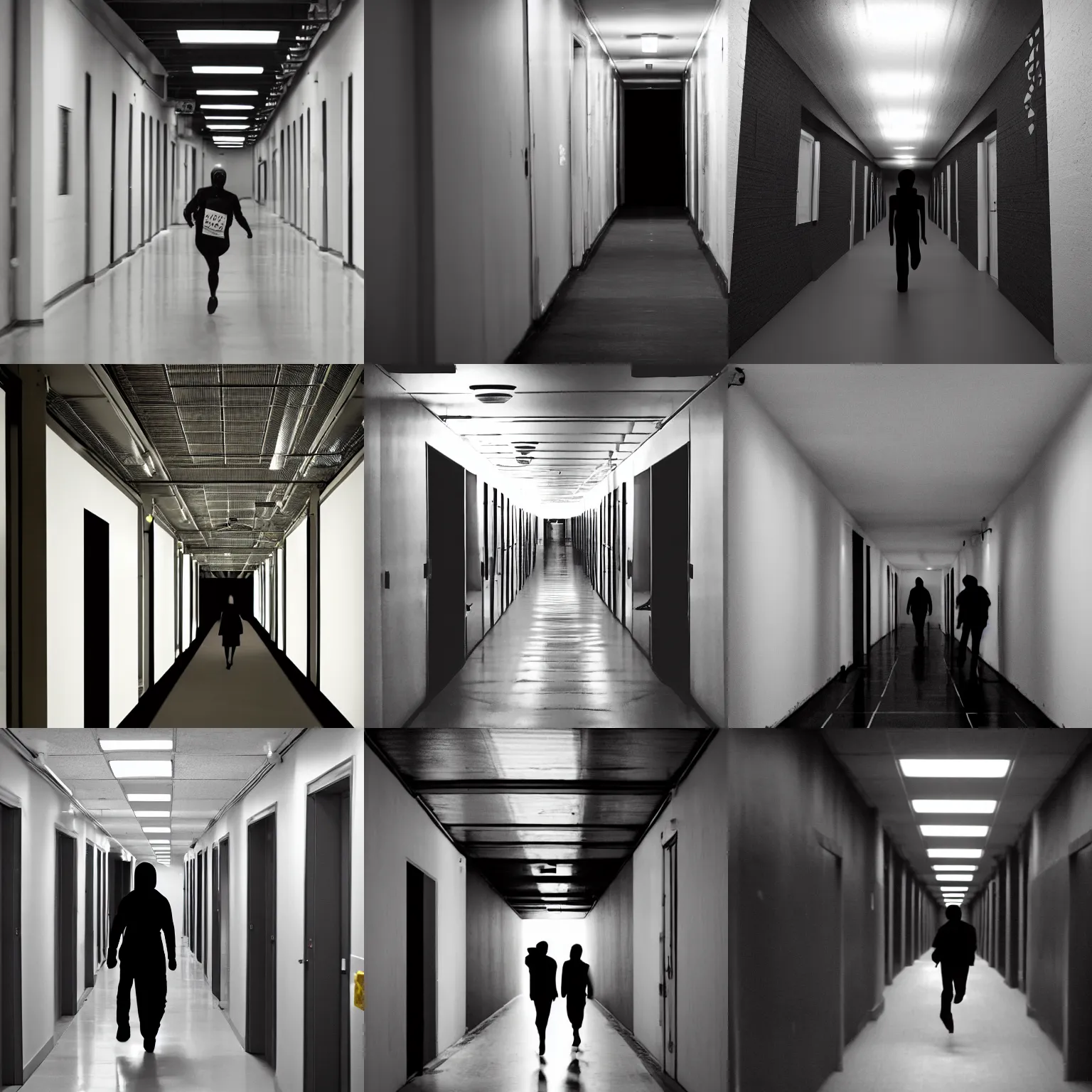 Prompt: a liminal backroom corridor with a black figure running