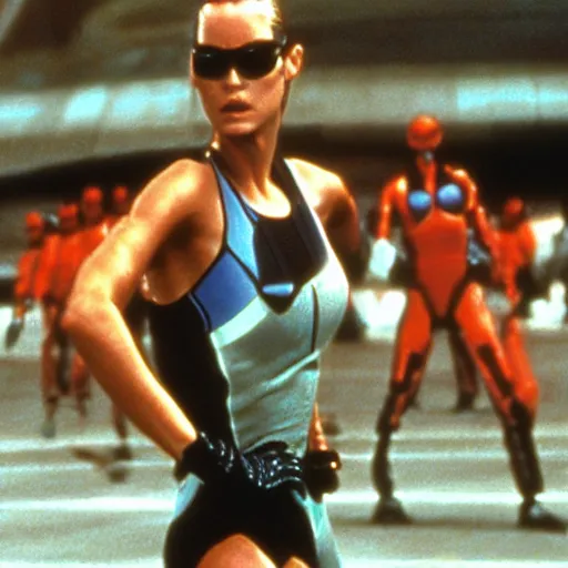 Image similar to The matrix, LeeLoo, Starship Troopers, Sprinters in a race, The Olympics footage with crowd cheering, intense moment, cinematic stillframe, french new wave, The fifth element, vintage robotics, formula 1, starring Geena Davis