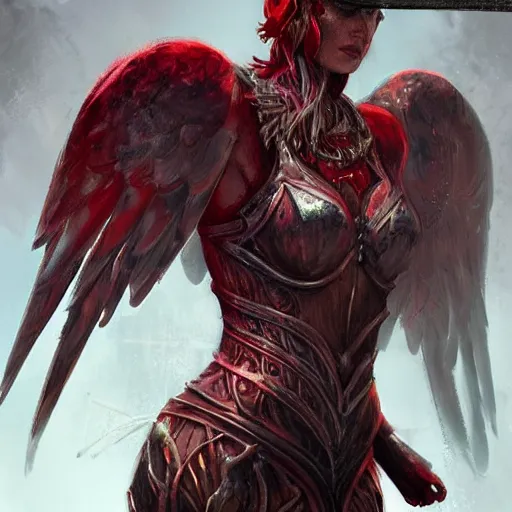 Prompt: woman - unicorn hybrid red angel - wings, stunning, thick armor that covers everything, shocked very wide open eyes very open eyes, realistic, symmetric portrait, face, intricate, very detailed, fantasy digital art, trending in artstation, marc simonetti