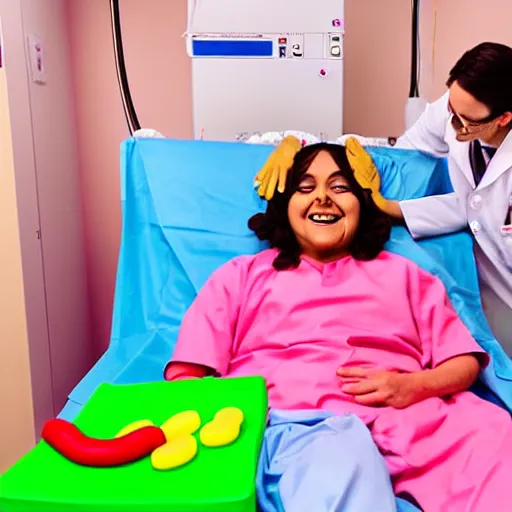 Prompt: photo of a happy patient and doctor or nurse in a medium care hospital room made out of soft candy, candy hospital equipment, candy hospital room, candy treatments, oompa loompa virus, willy wonka pandemic