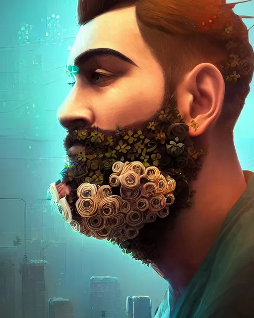 Image similar to a realistic ultradetailed digital painting of a man with flowers in his beard, profile, cyberpunk art by beeple, behance contest winner, retrofuturism, voxel art, # pixelart, dystopian art