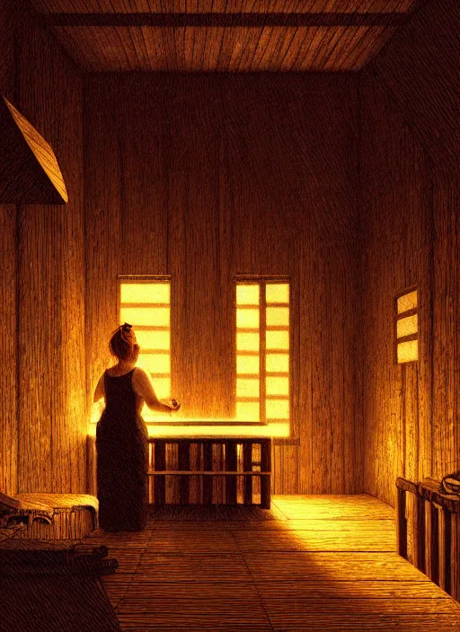 Image similar to finnish sauna, backround dark, highly detailed, digital illustration, trending in artstation, modern painting, smooth, sharp focus, intricate, einar jonsson, ilya repin