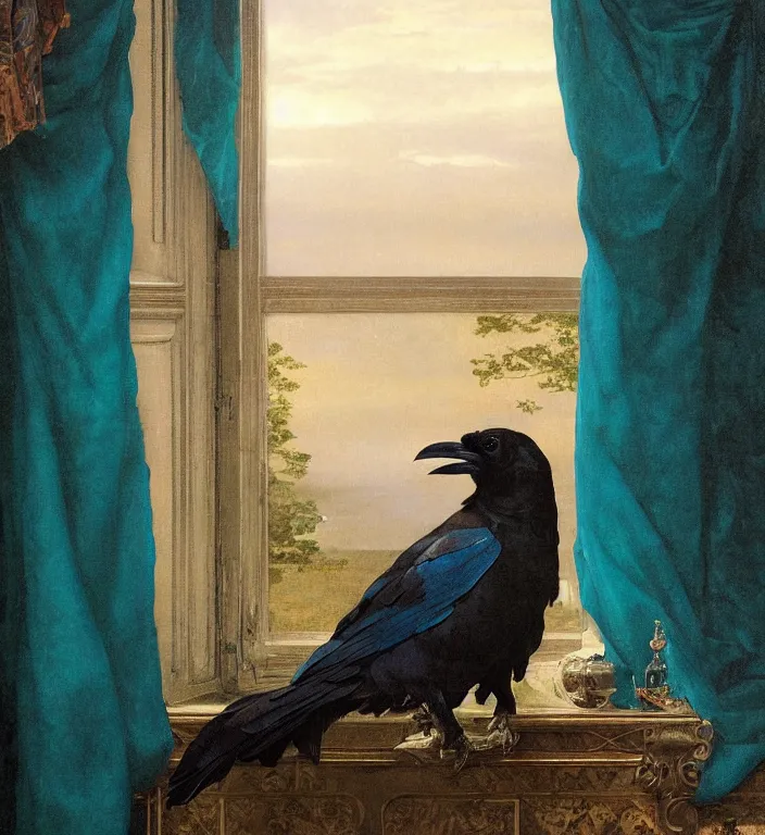 Prompt: a beautifully weird funny cheeky photoreal clear detailed victorian portrait of a close up raven on a victorian windowsill with an ornate velvet dark teal curtain at beautiful sunset daytime nature sunlit painting by frederic leighton and turner and morris and rosetti, 8 k, octane render