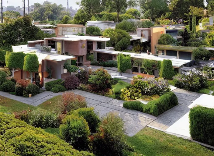 Prompt: idyllic suburban neighborhood + rooftop gardens + sustainable energy initiatives + single family homes : : modern architecture by craig mullins, thomas kinkade and frank lloyd wright