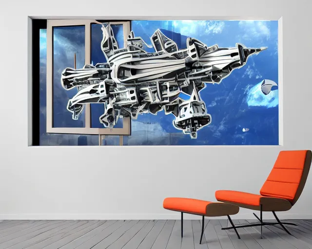 Prompt: photo of minimalist abstract cubist sculpture of curvy spaceship with random small mecha mayan decorations, covered with few large white airplane parts with windows and doors, large size as relief 3 d mural