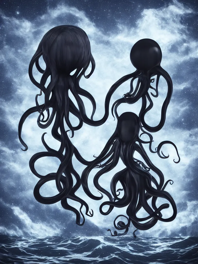 Image similar to cute fumo plush gothic octopus maiden alien girl combing her hair in the waves of the wavering dark galactic abyss, ocean wave thunderstorm and reflective splashing water, black and white, ocean simulation, vignette, vray