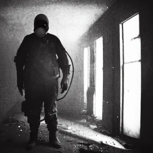 Prompt: A misterious man wearing a gas mask is standing on the midle of a stair hallway looking in the direction of the camera, the man is using a turned on flashlight to look for survivors :: Ruined city with vegetation and trees growing all over the place in the distroyed buildings :: apocalyptic, shadowy, disolate :: A long shot, low angle, dramatic backlighting, simetric photography, night time, slighty colorful :: cinematic shot, very detailed