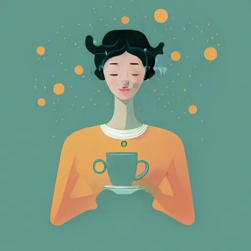 Image similar to illustration of a girl having a cup of coffee, happy feeling, waking up, by malika favre and victo ngai