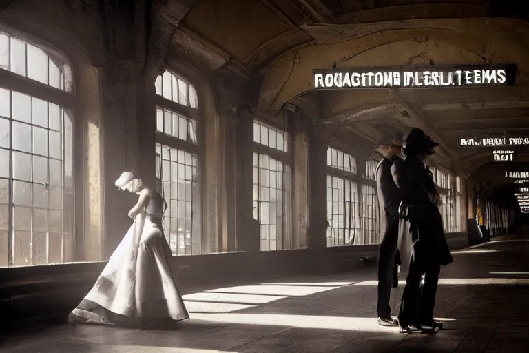 Image similar to couple in a glamorous old train station by Roger Deakins